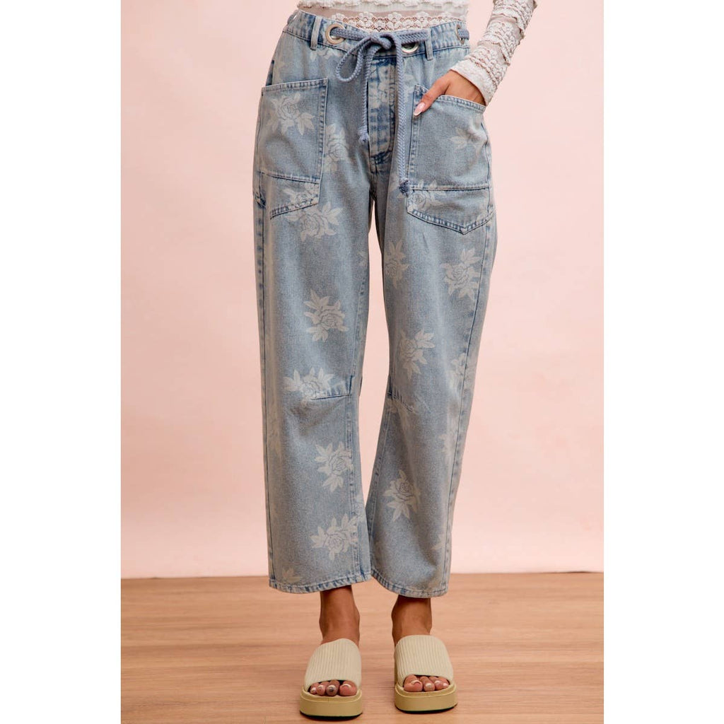 ROSE PRINTED WASHED DENIM PANTS WITH WAIST BELT