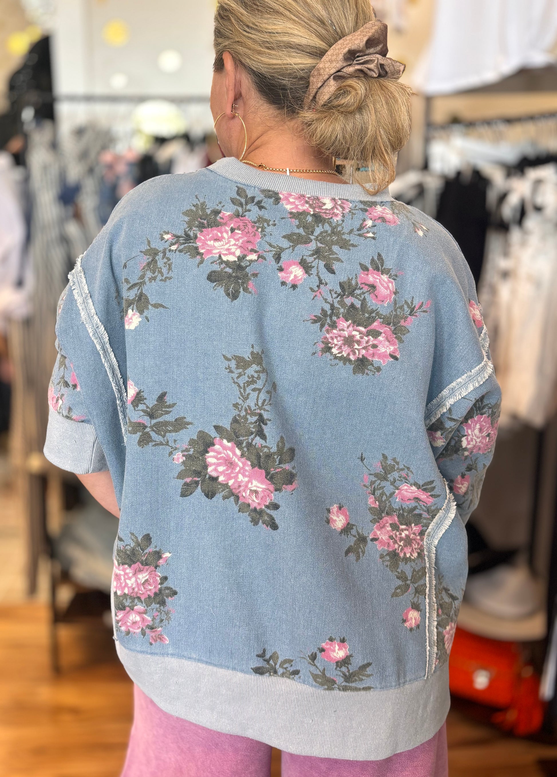 BiBi Elease Denim Floral Short Sleeve Top