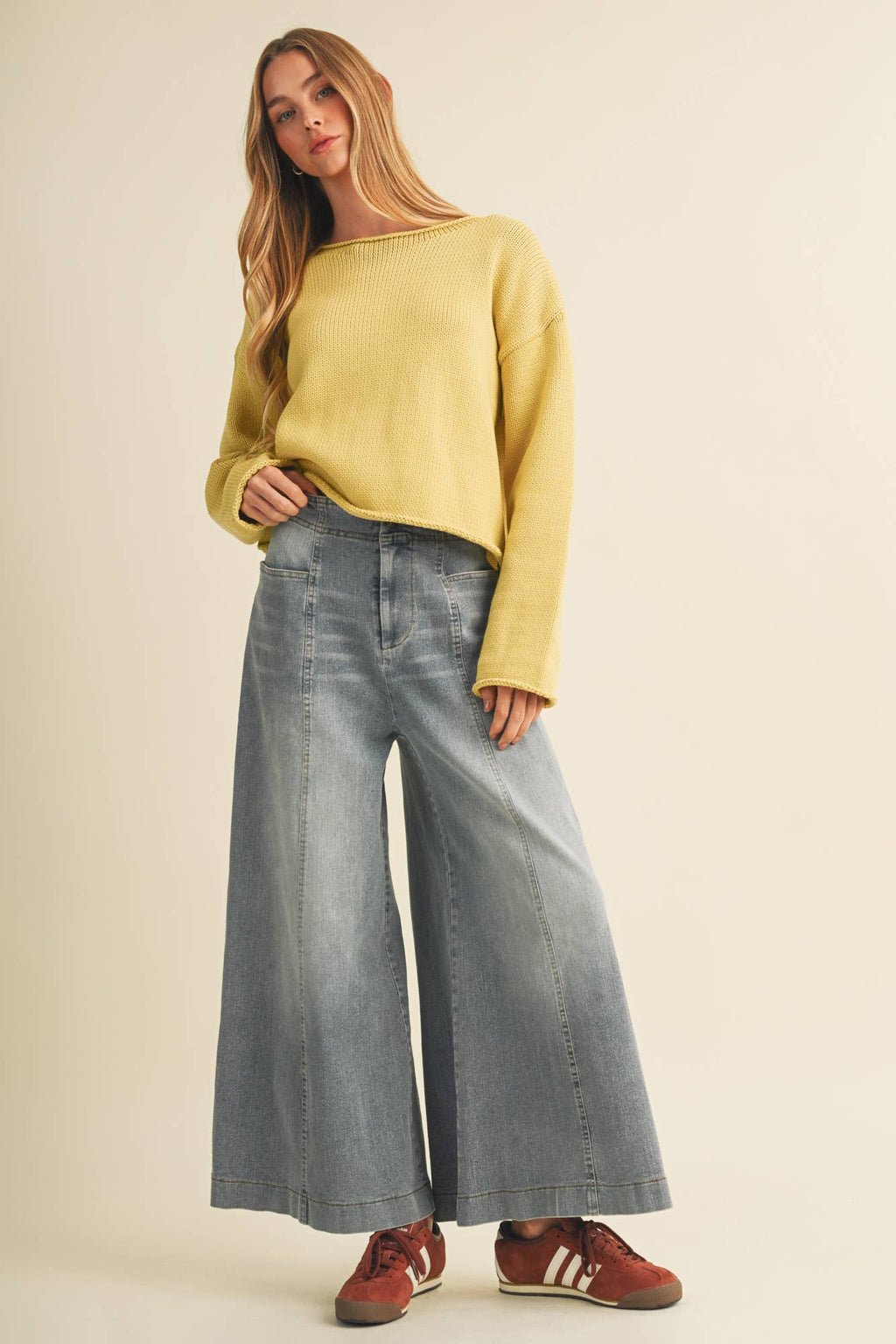 Vertical Seam Wide-Leg Denim Trousers