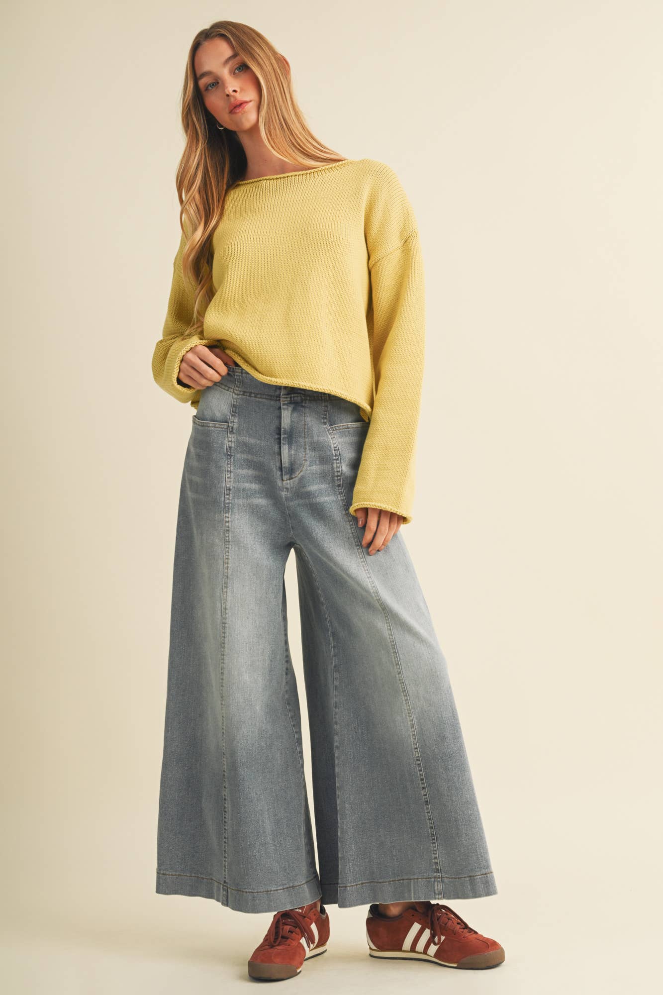 Vertical Seam Wide-Leg Denim Trousers