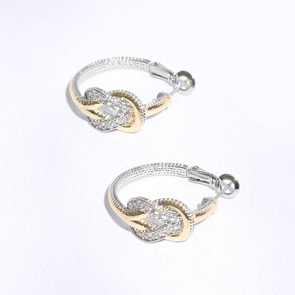 Two-Toned CZ Pave Knotted Huggie Hoop Earrings