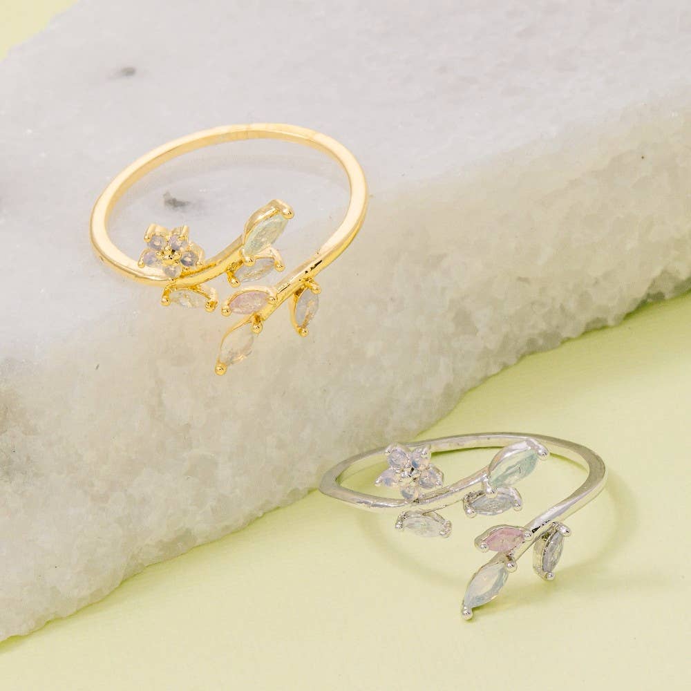 Layered Cz Leaf Branch Open Band Ring