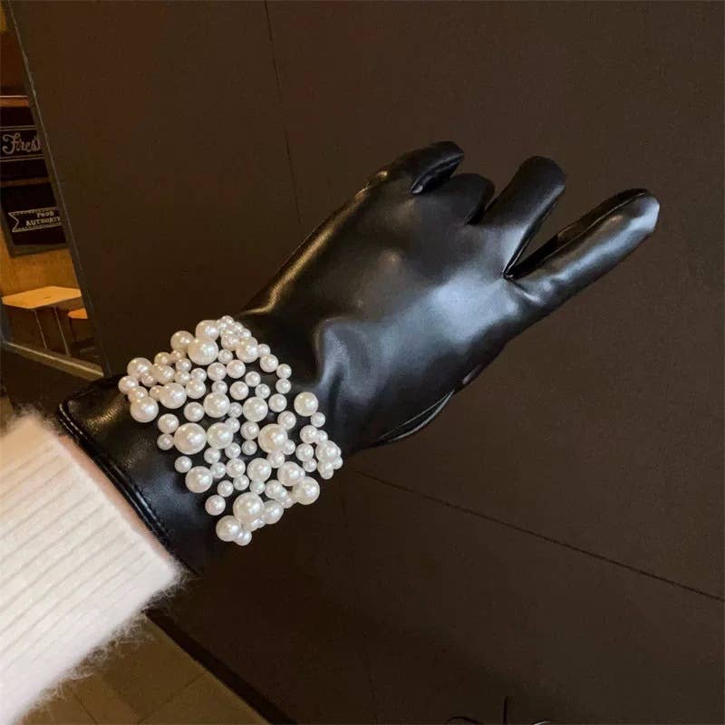 Black Faux Leather Gloves with Pearl Detail