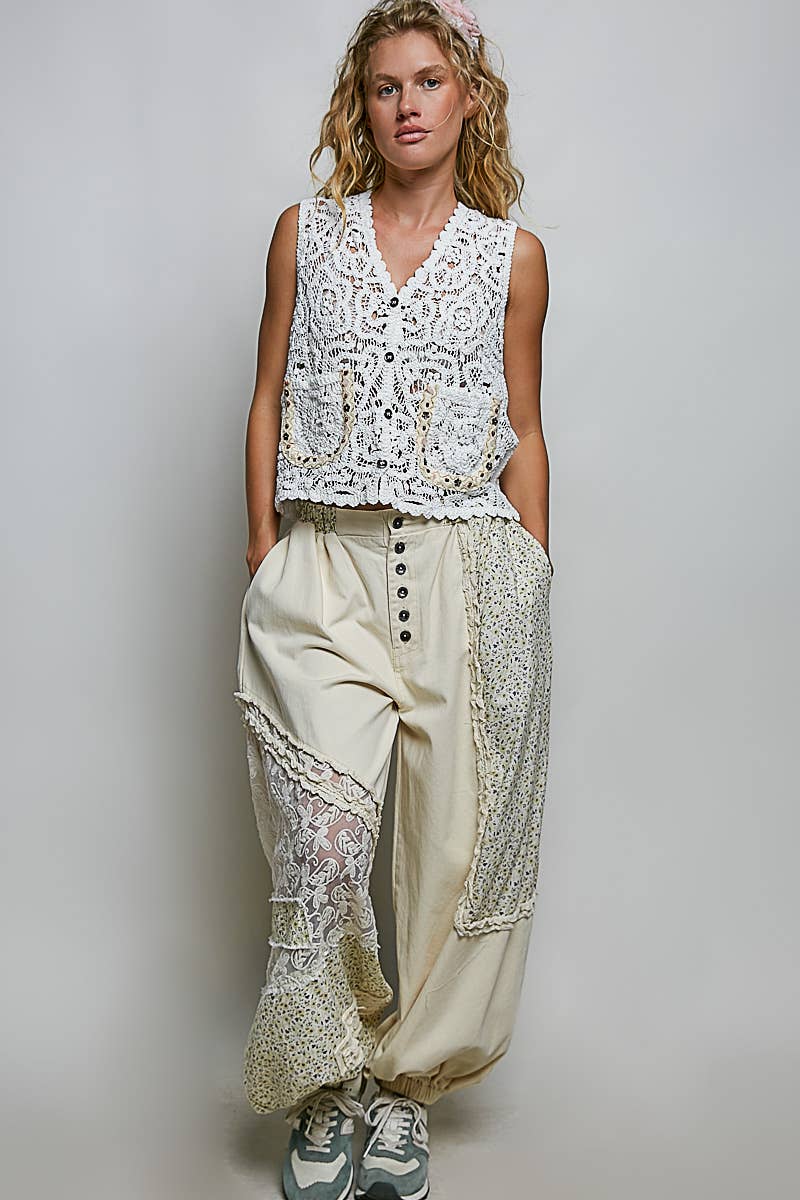 POL V-Neck Stud Bead Crochet Vest Top