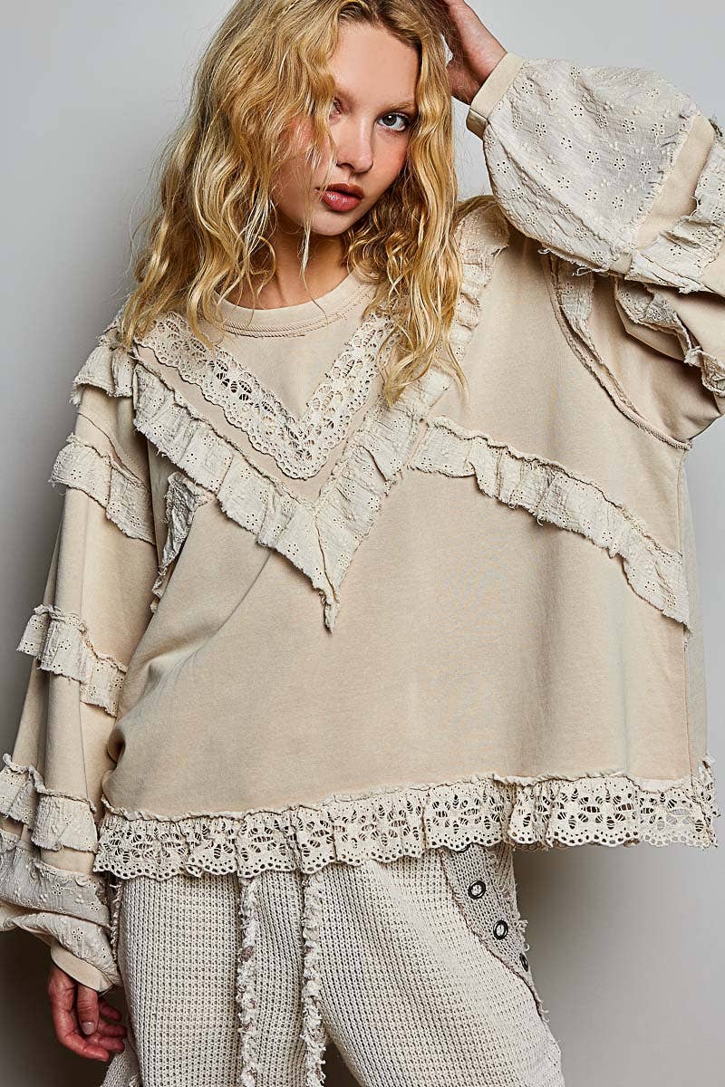 POL French Terry Eyelet Ruffle Vintage Washing Solid Knit Top