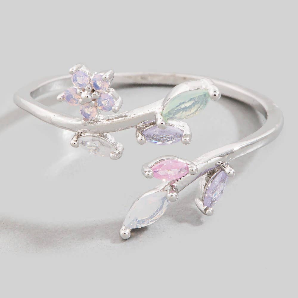 Layered Cz Leaf Branch Open Band Ring