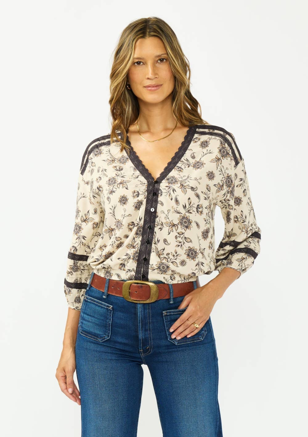 Maren Lace Trim Button-Front Top