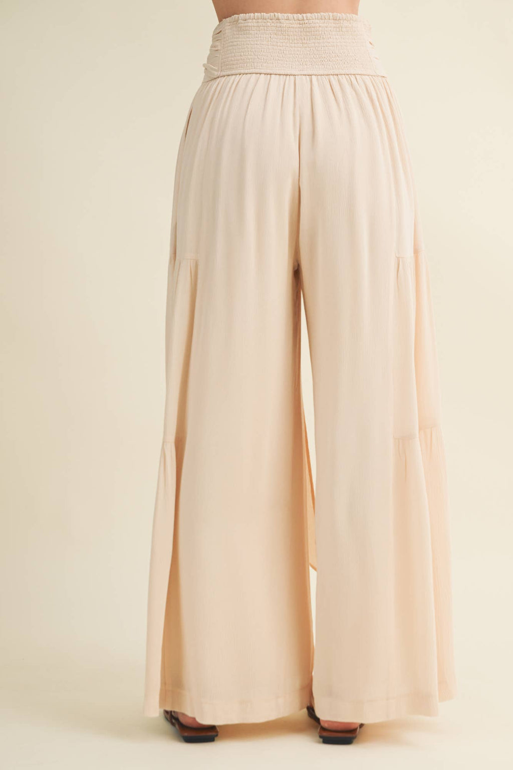 Smocked Tie-Waist Tiered Palazzo Pant