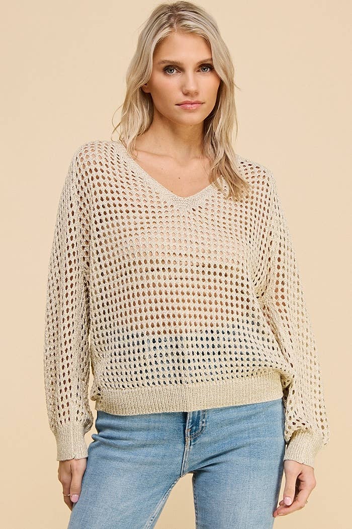 Long Sleeve Open Weave Foil Knit V-Neck Sweater