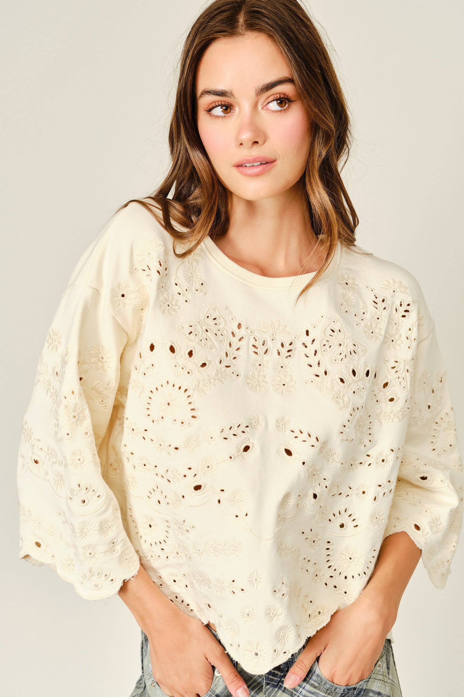 Terry Eyelet Short-Sleeve Sweatshirt
