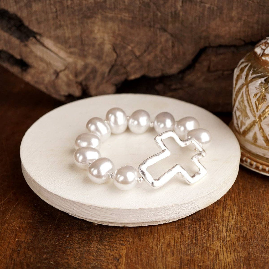 Statement Beaded Cross Bracelet – Chunky Pearl Cross Bracelet Gold Silver