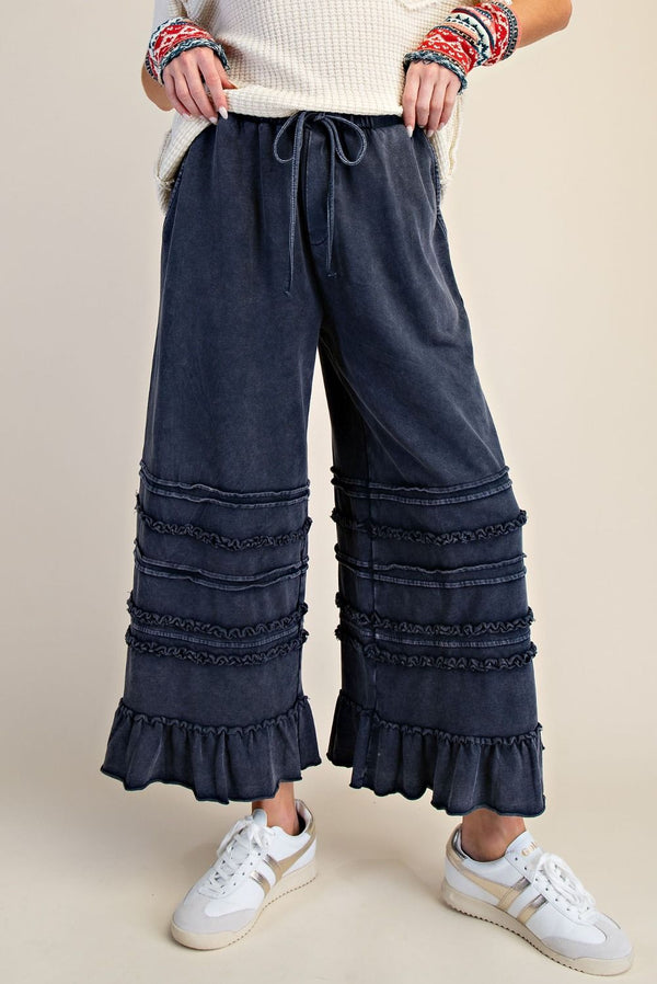 Easel Washed Terry Tiered Ruffle Wide Leg Pants