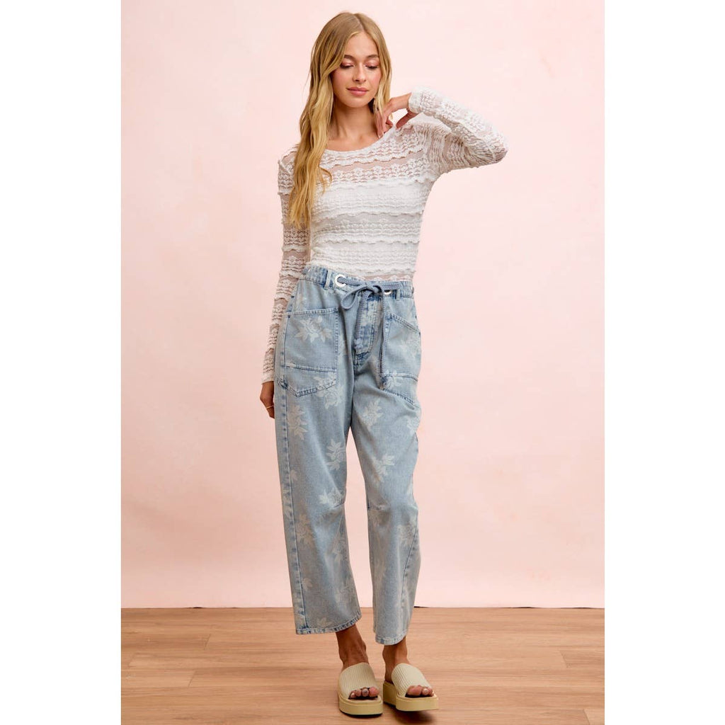 ROSE PRINTED WASHED DENIM PANTS WITH WAIST BELT