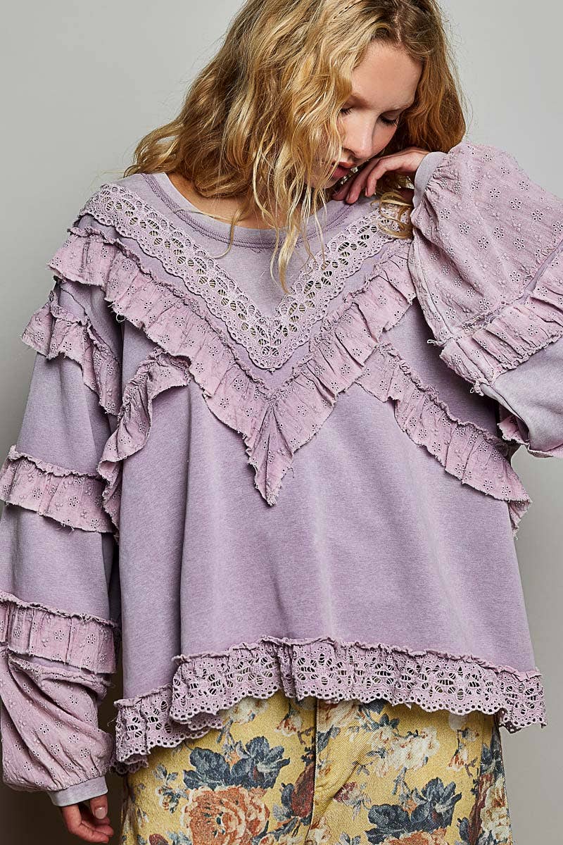 POL French Terry Eyelet Ruffle Vintage Washing Solid Knit Top