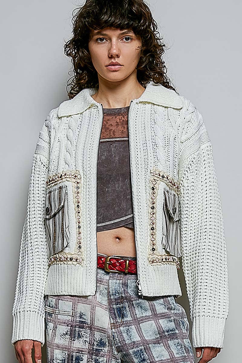 Genevieve Cable Knit Zip Cardigan