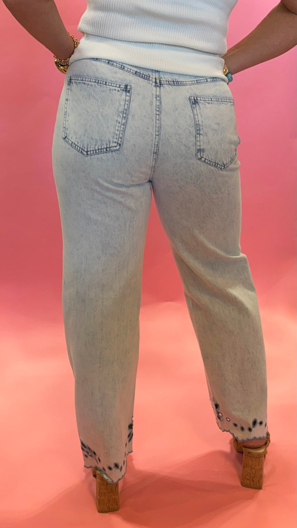 Eyelet Cutouts Trendy Embroidered Straight Leg Jeans