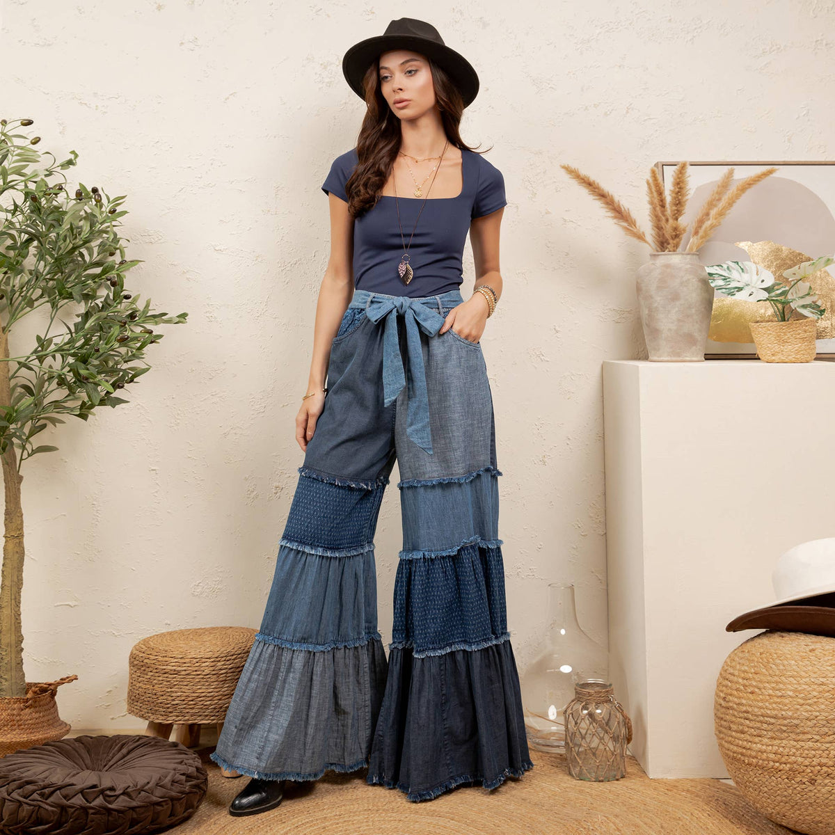 Patchwork Tiered Denim Flare Pants