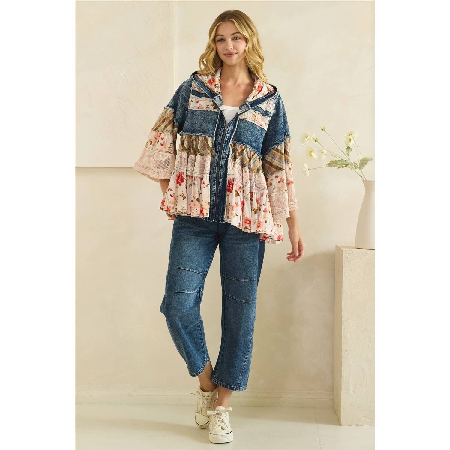 BOHO RUFFLE HOODED LACE DENIM  AND FLORAL PRINT MIX JACKET
