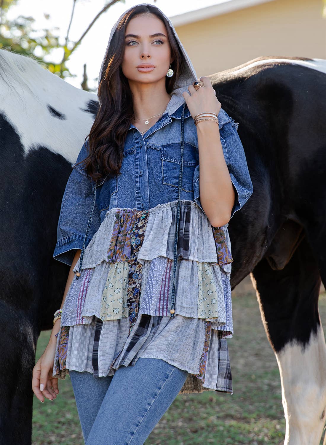 Boho Summer Hooded Denim Button Down Shirt with Playful Mixed Ruffles