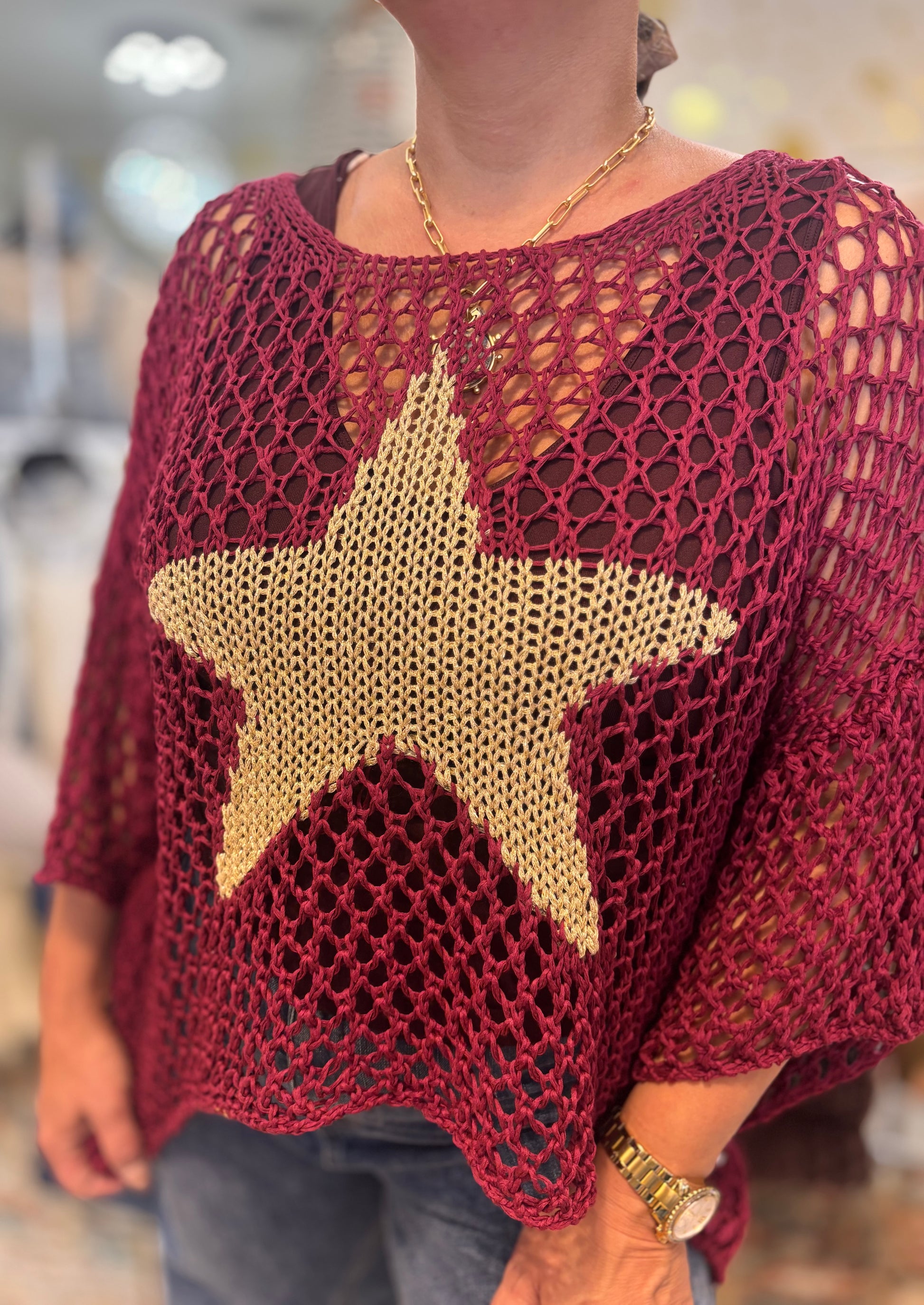 Best-Selling Crochet Top with Metallic Gold Star