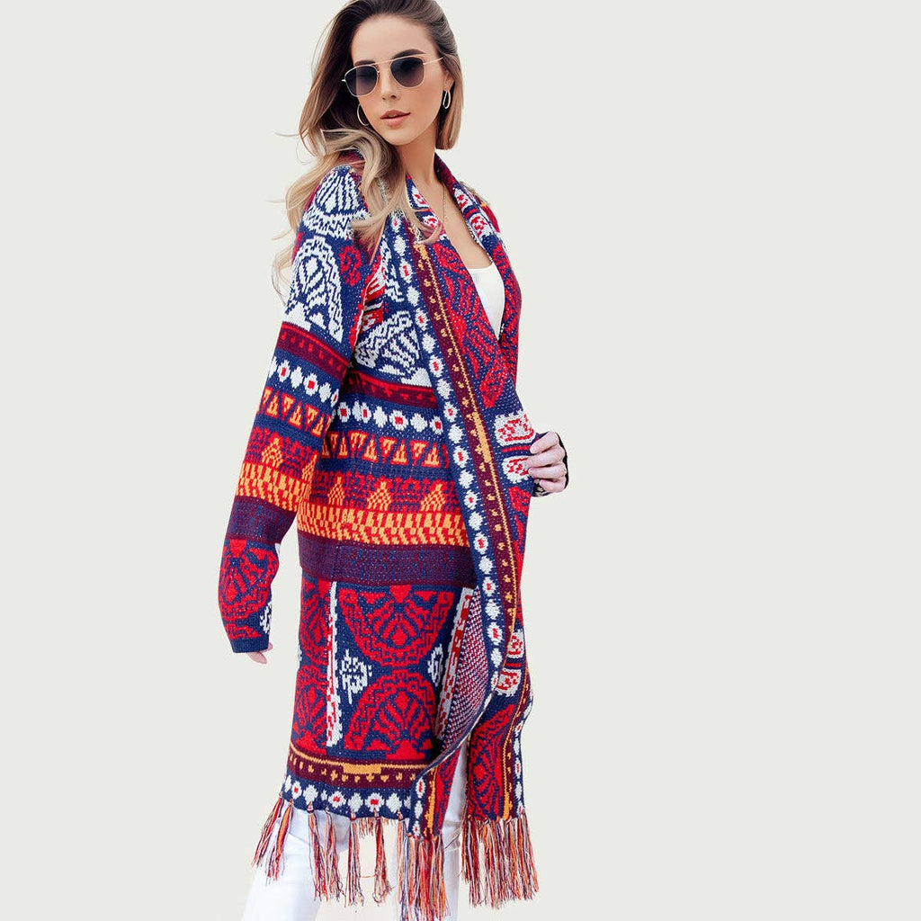 Navy and Red Aztec Print Long Sleeve Cardigan Sweater