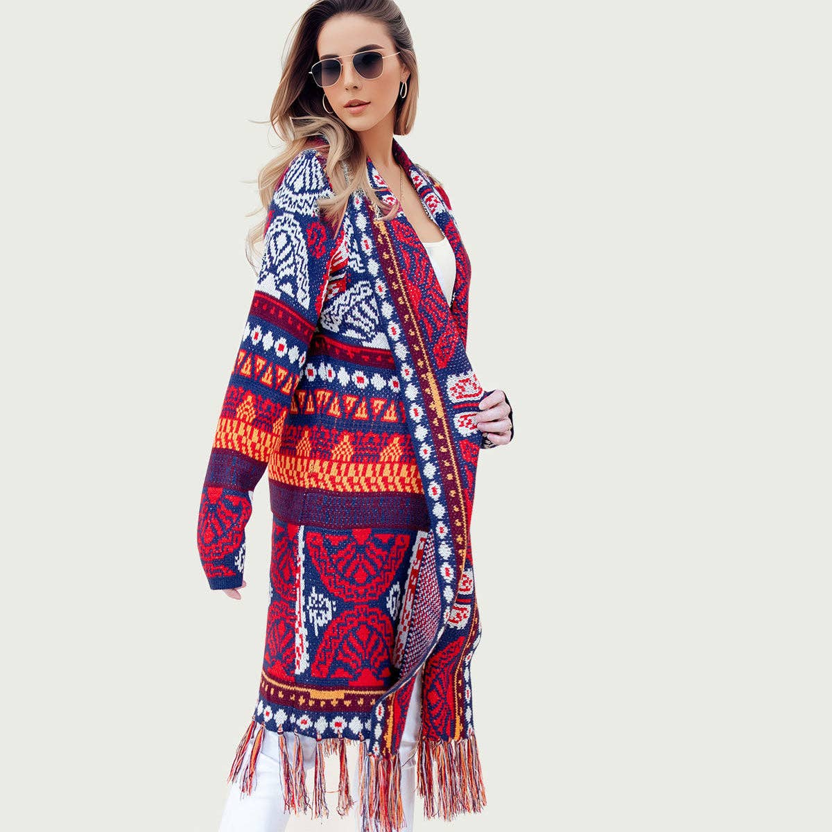 Navy and Red Aztec Print Long Sleeve Cardigan Sweater