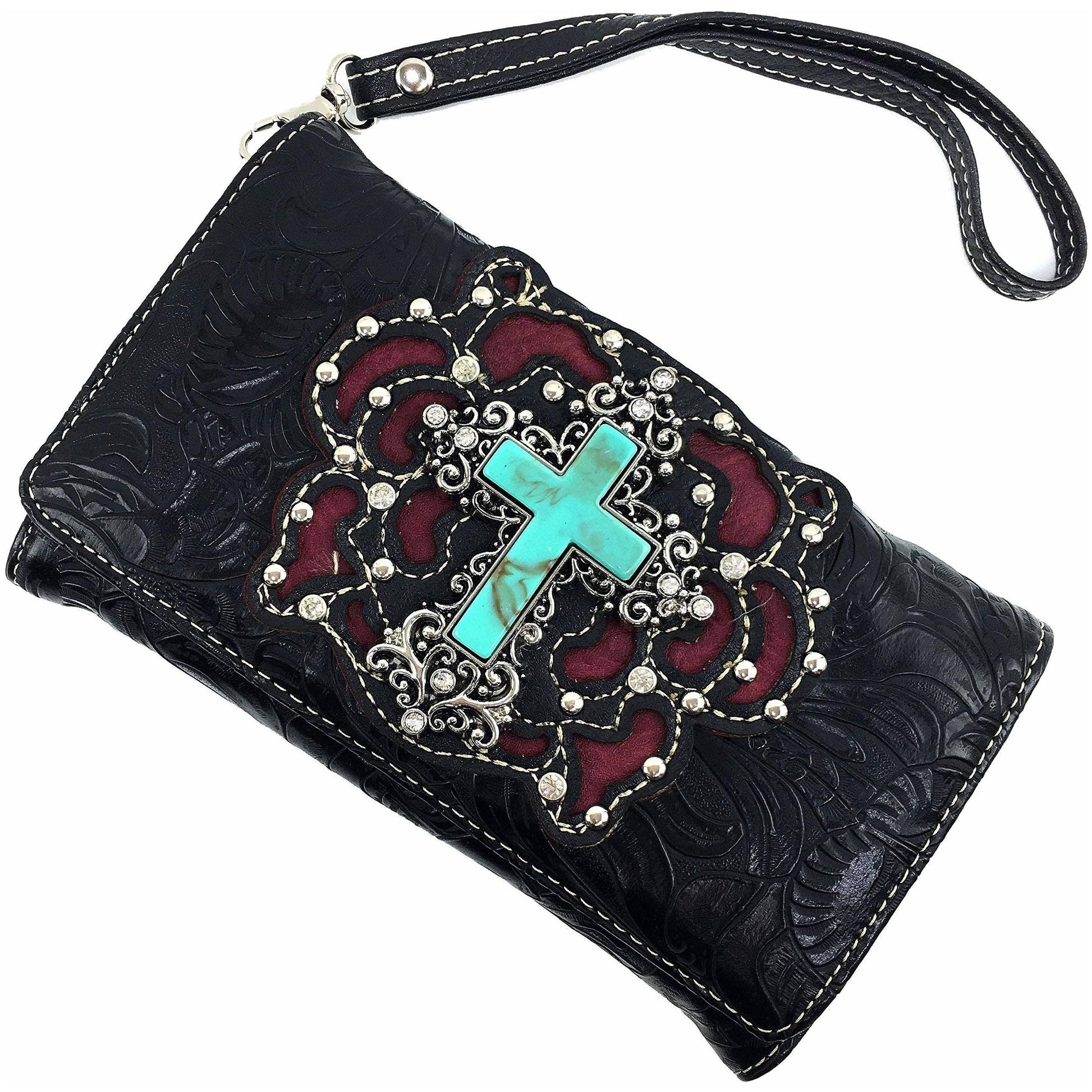Turquoise Cross Floral Carving Crossbody Black Wallet