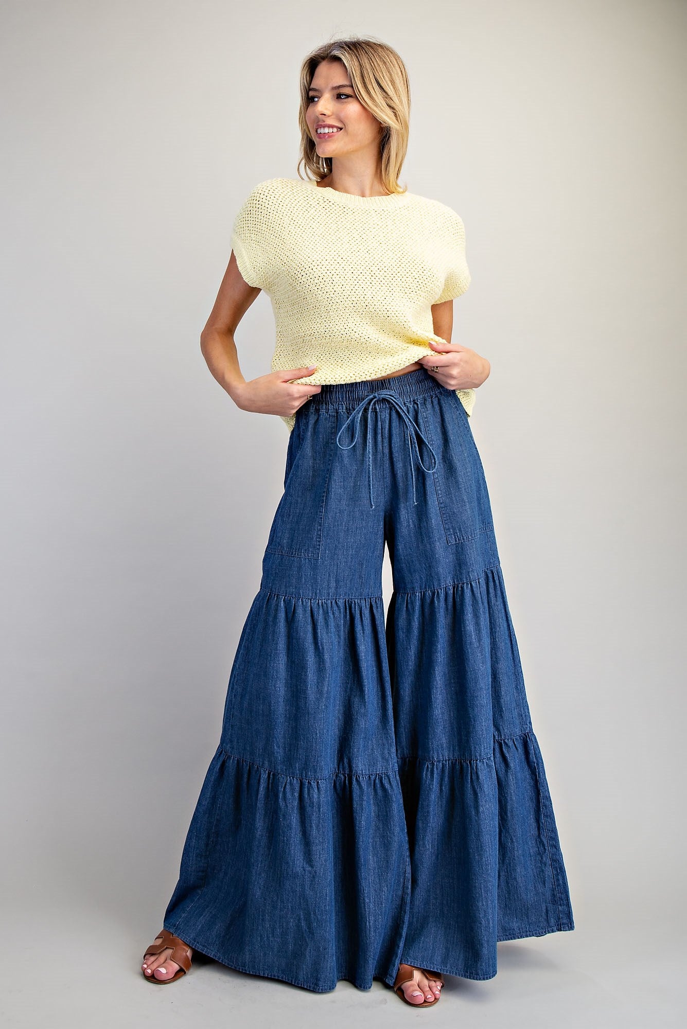 Mineral Washed Tiered Wide Leg Pants