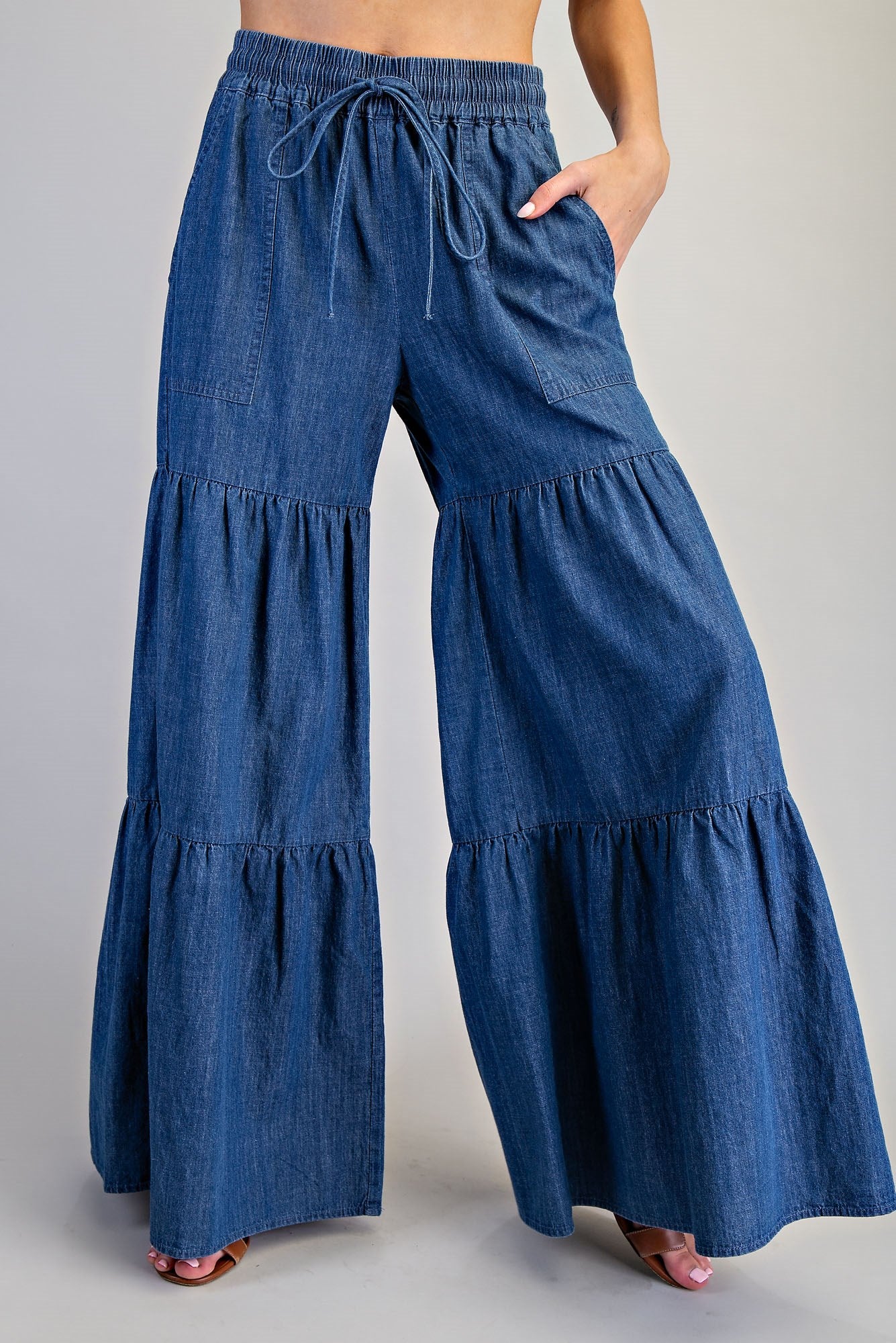Mineral Washed Tiered Wide Leg Pants