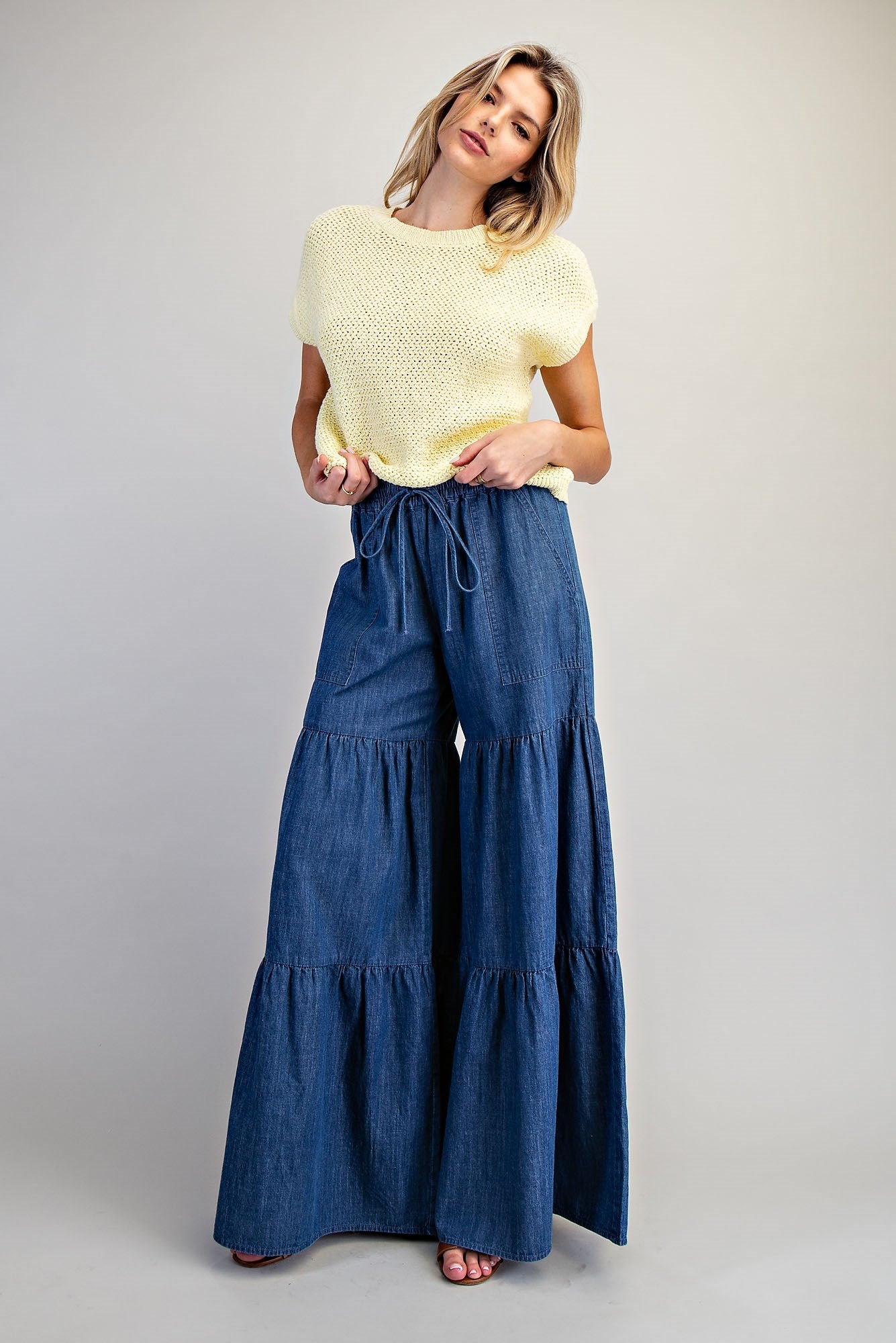 Mineral Washed Tiered Wide Leg Pants