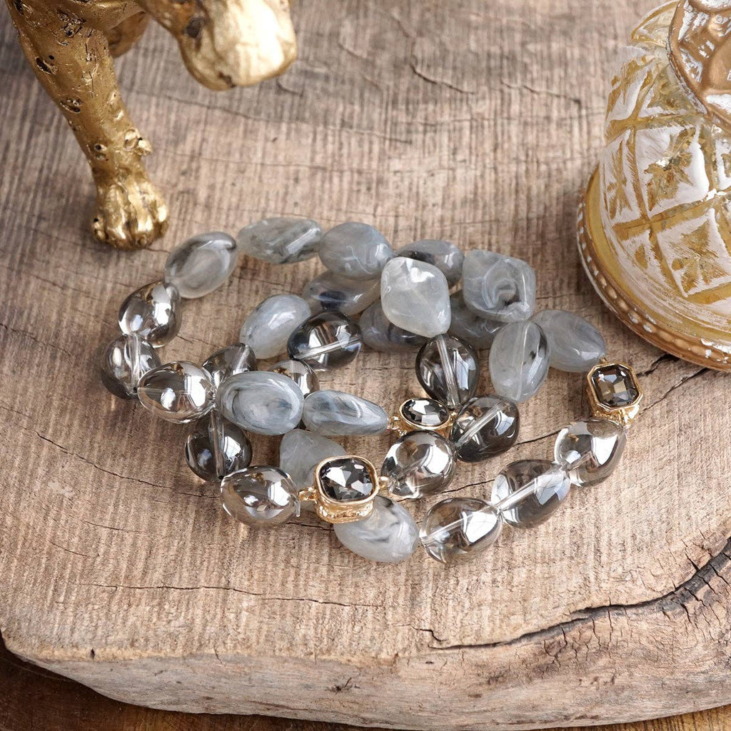 Smoky Radiance – Sculpted Bead & Crystal Stretch Bracelet Set