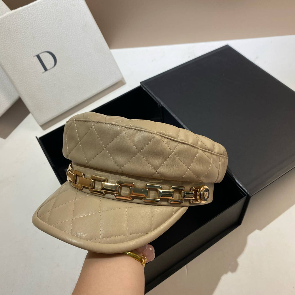 Quilted Leather Chain Detail Hat