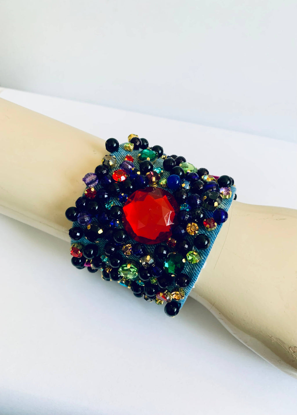 Scarlet Denim Bracelet with Charms and Beads