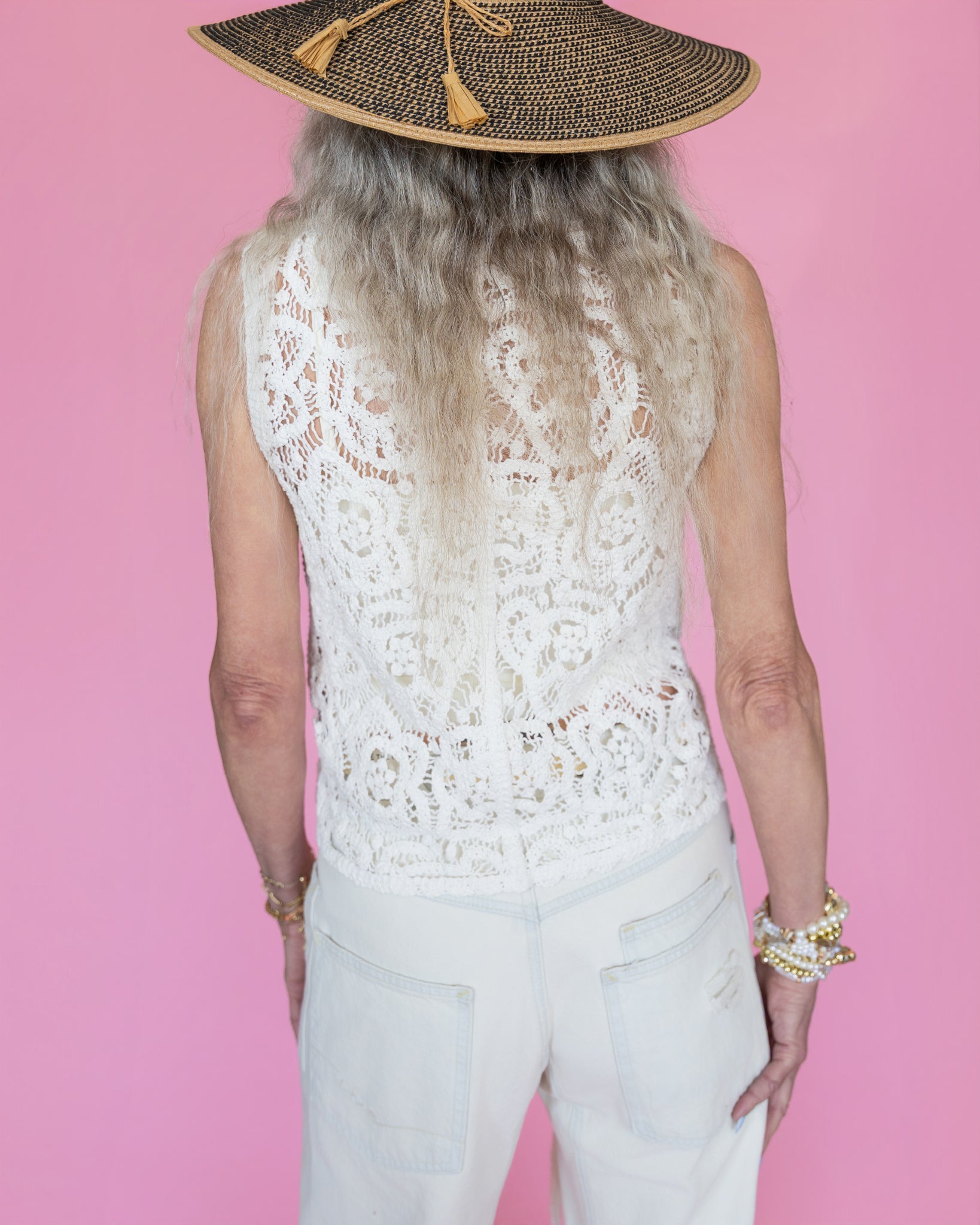 POL V-Neck Stud Bead Crochet Vest Top