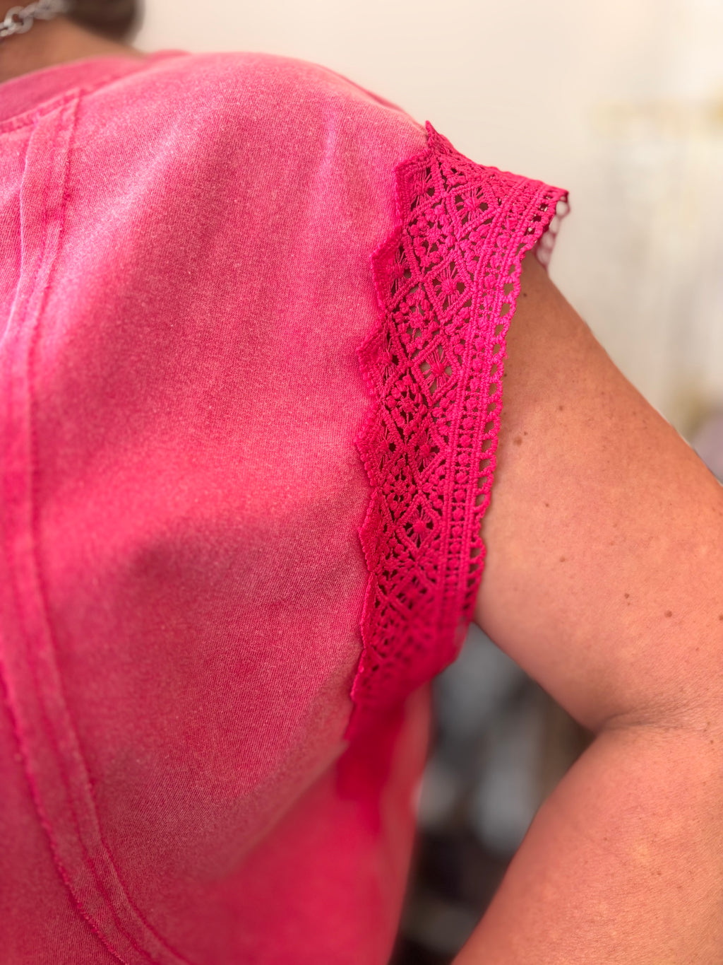 Joy by BiBi Crochet Trimmed Top in Fuchsia