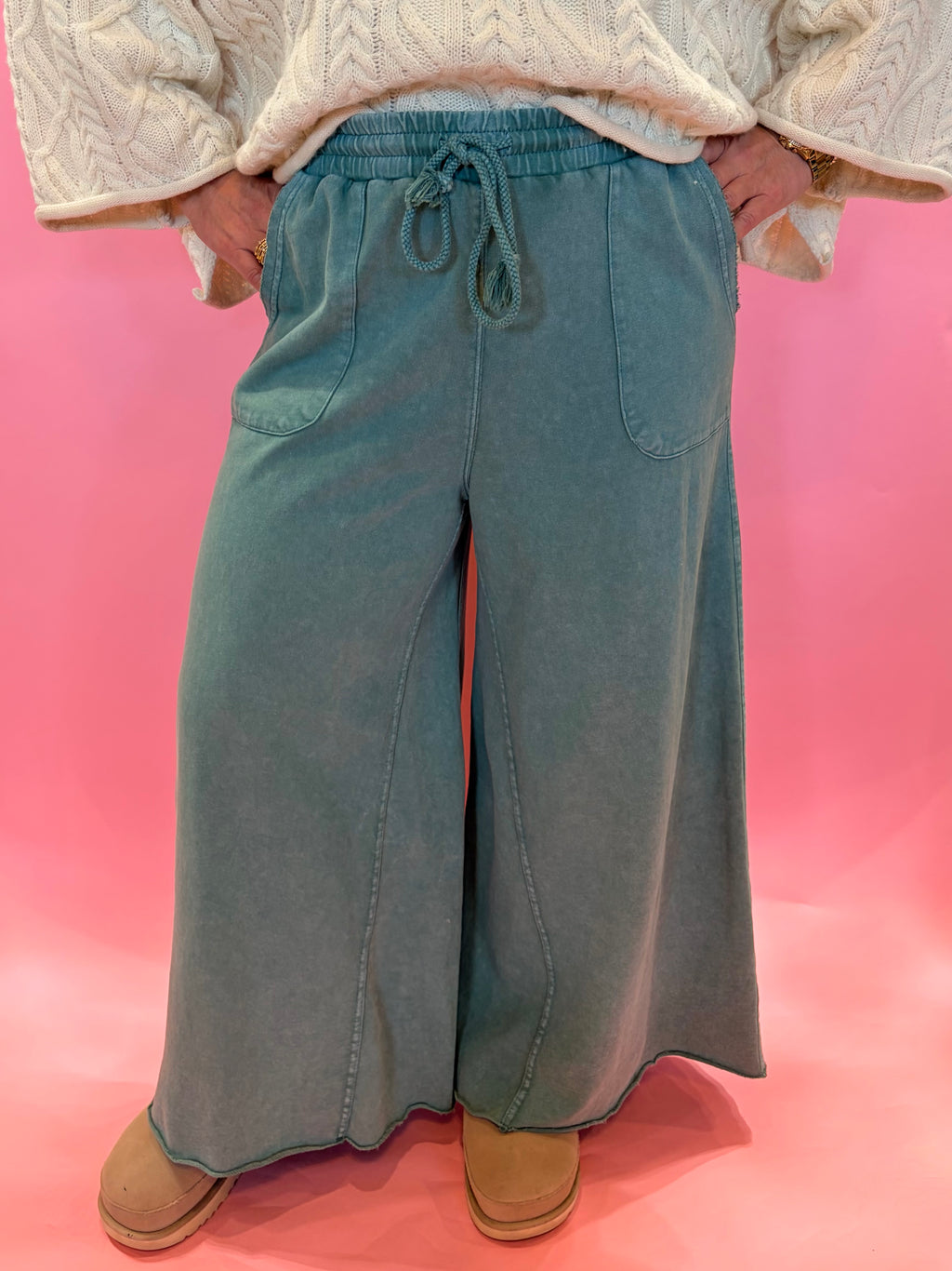 EASEL Washed Terry Wide Leg Pants