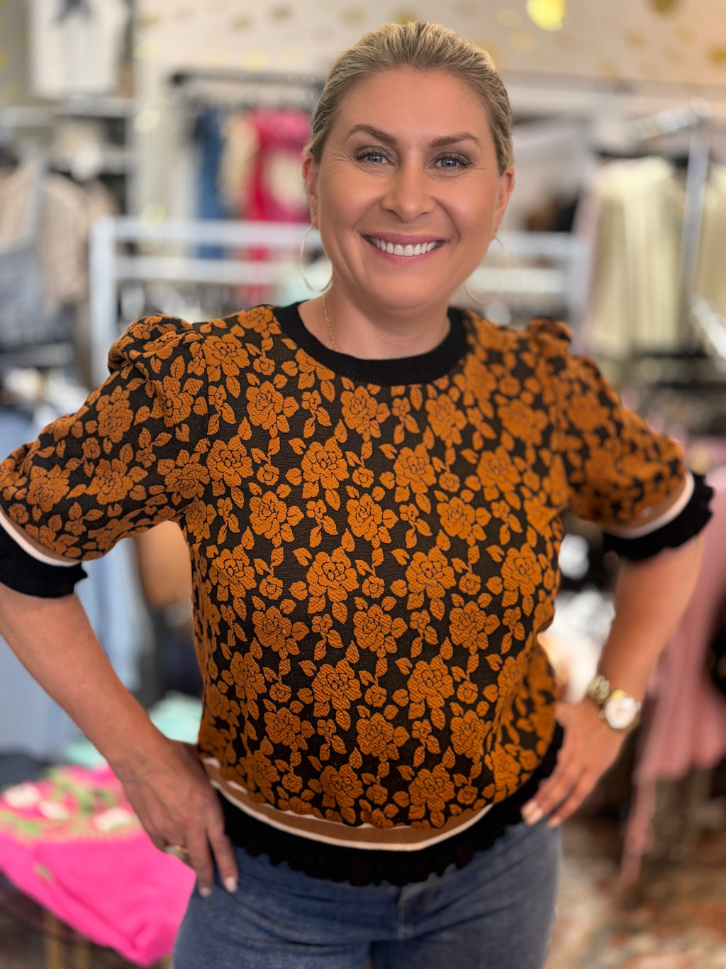 Lorenza Golden Garden Puff Sleeve Sweater