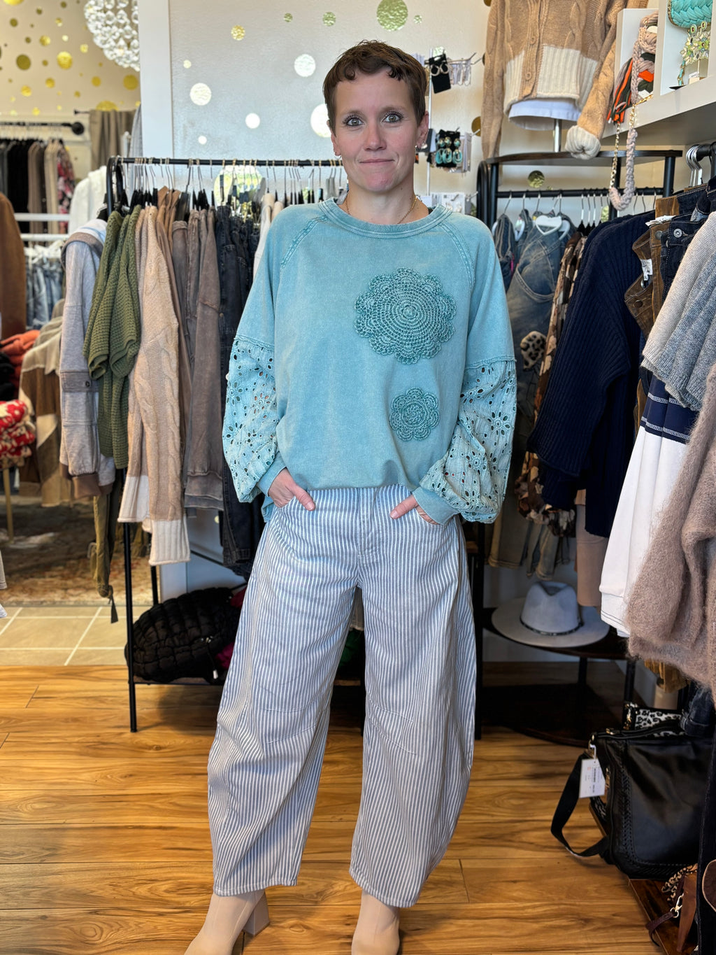 EE:Some River Striped Barrel Leg Jeans