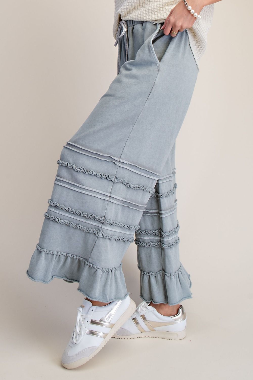 Easel Washed Terry Tiered Ruffle Wide Leg Pants