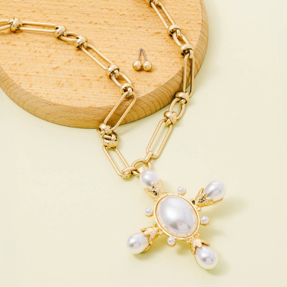 Chain Link Pearl Cross Pendant Necklace Set