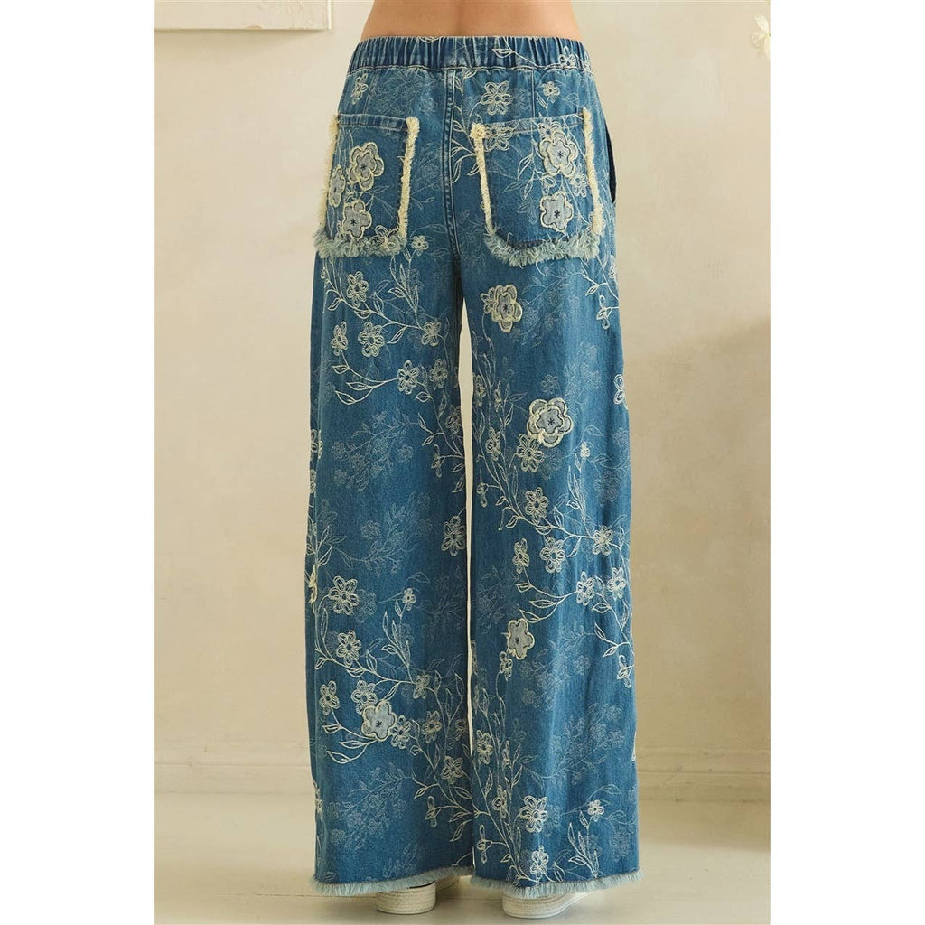 FLORAL PATCH EMBROIDERED DENIM PANTS