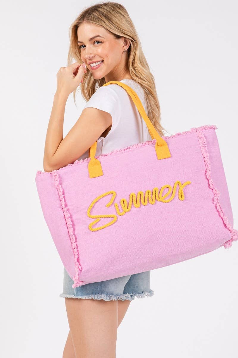 Embroidered Summer Print Fringe Tote Bag