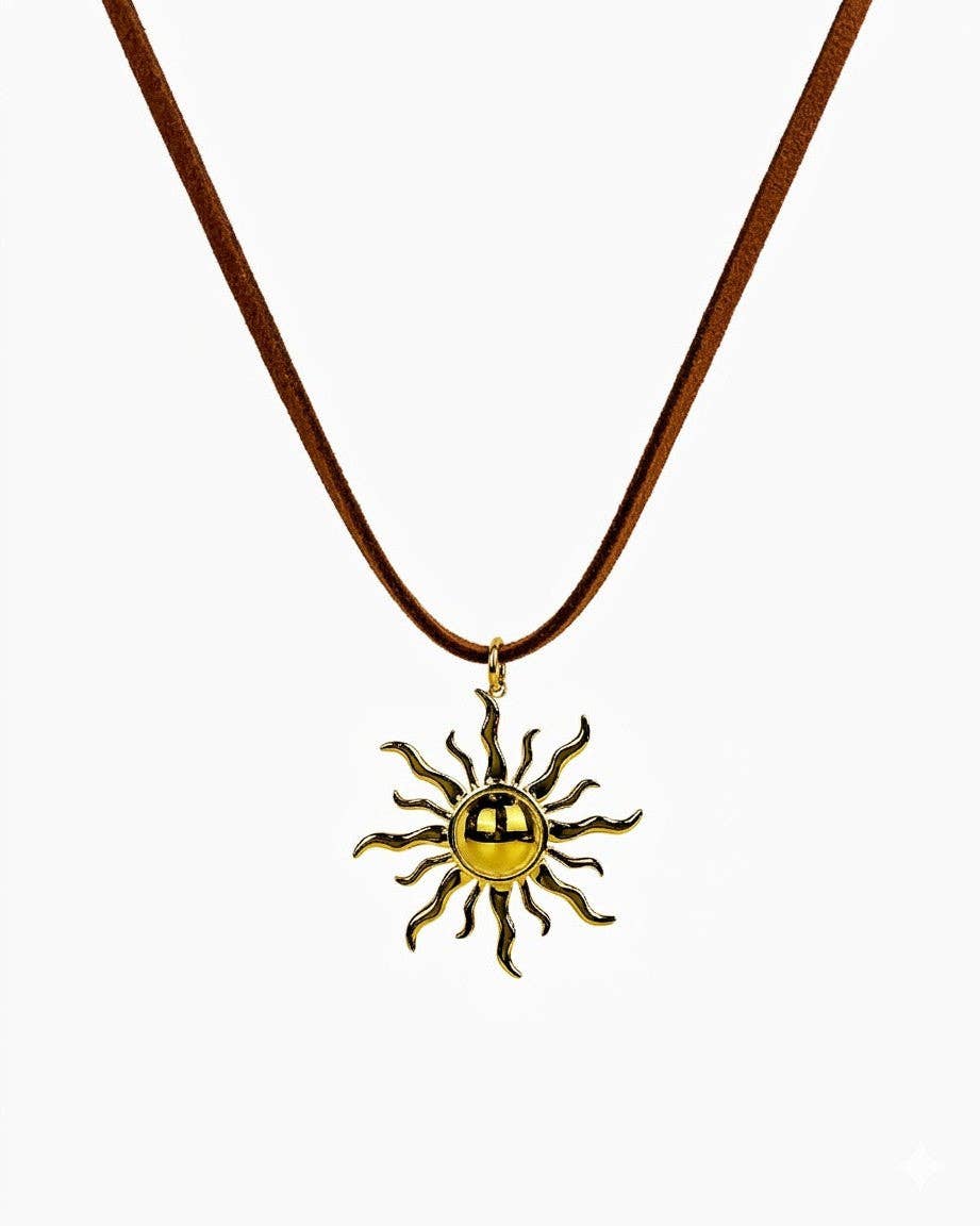 Stainless Steel Large Sunburst Pendant Suede Cord Necklace