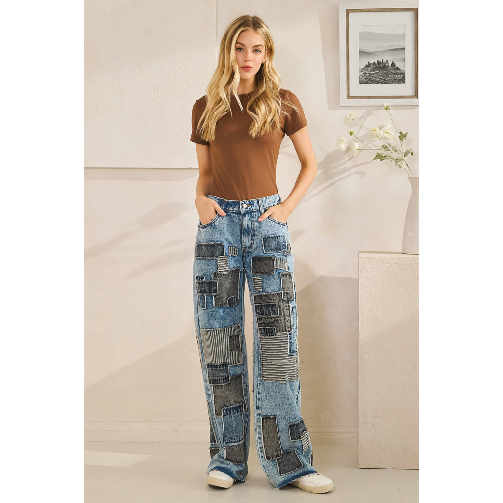 MULTI COLOR SQUARE PATCHWORK STRAIGHT JEANS