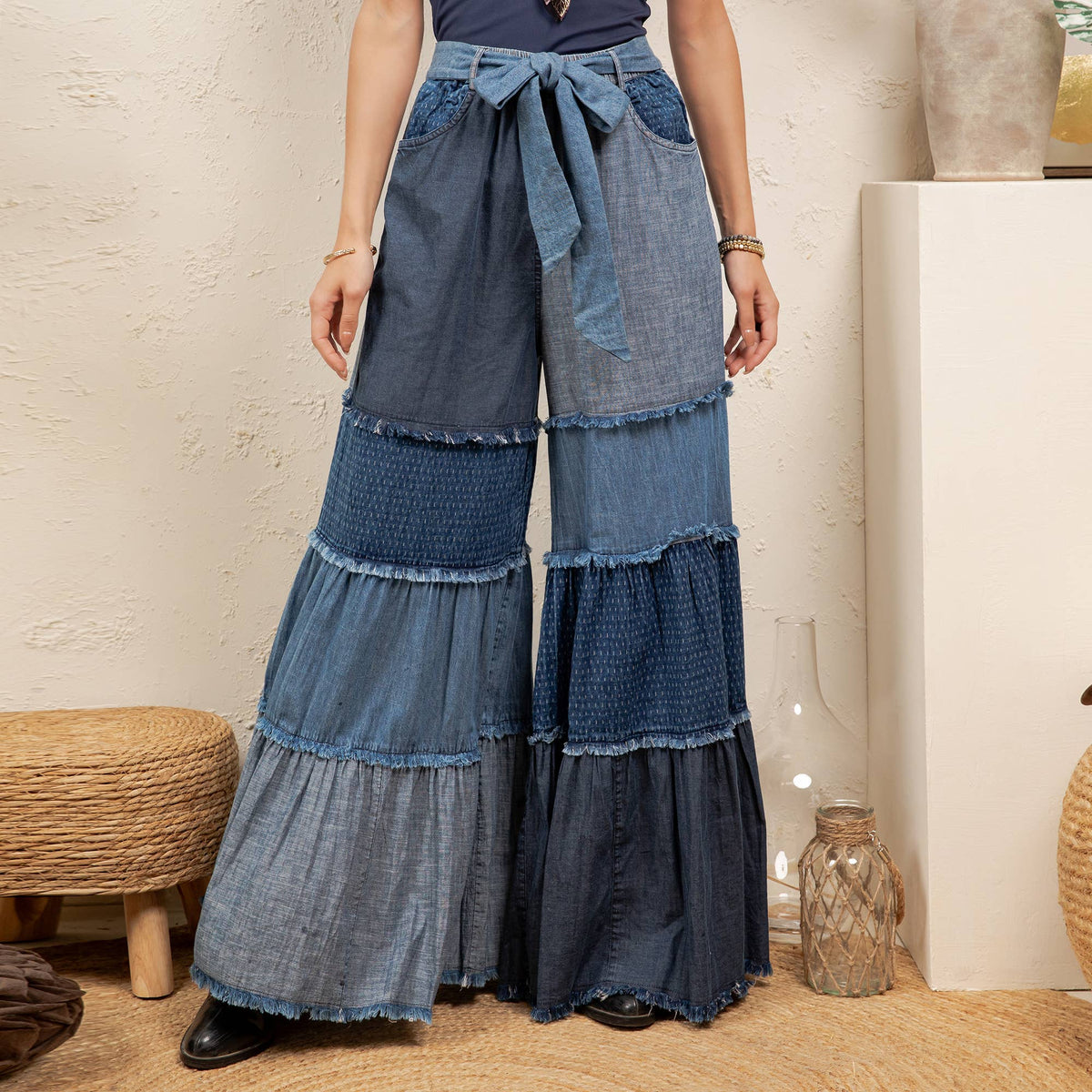 Patchwork Tiered Denim Flare Pants