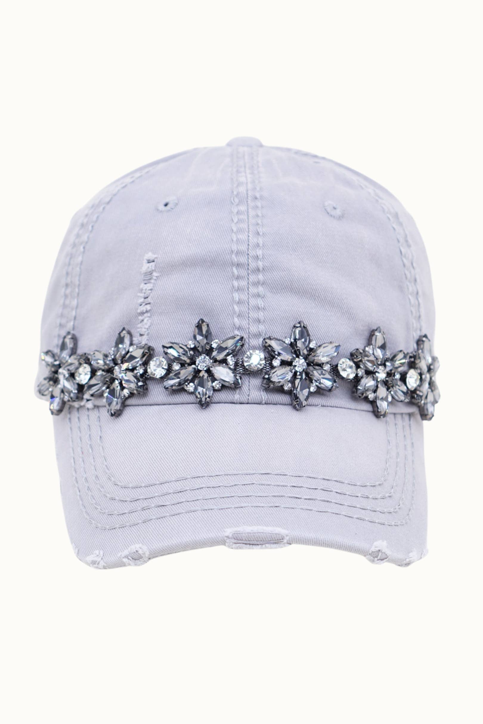 Bejeweled Bling Glitz Distressed Cap, Adjustable