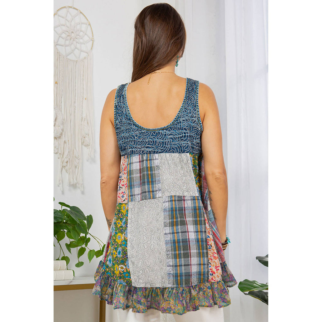 Boho Fusion Denim And Plaid Flowy Tank Top