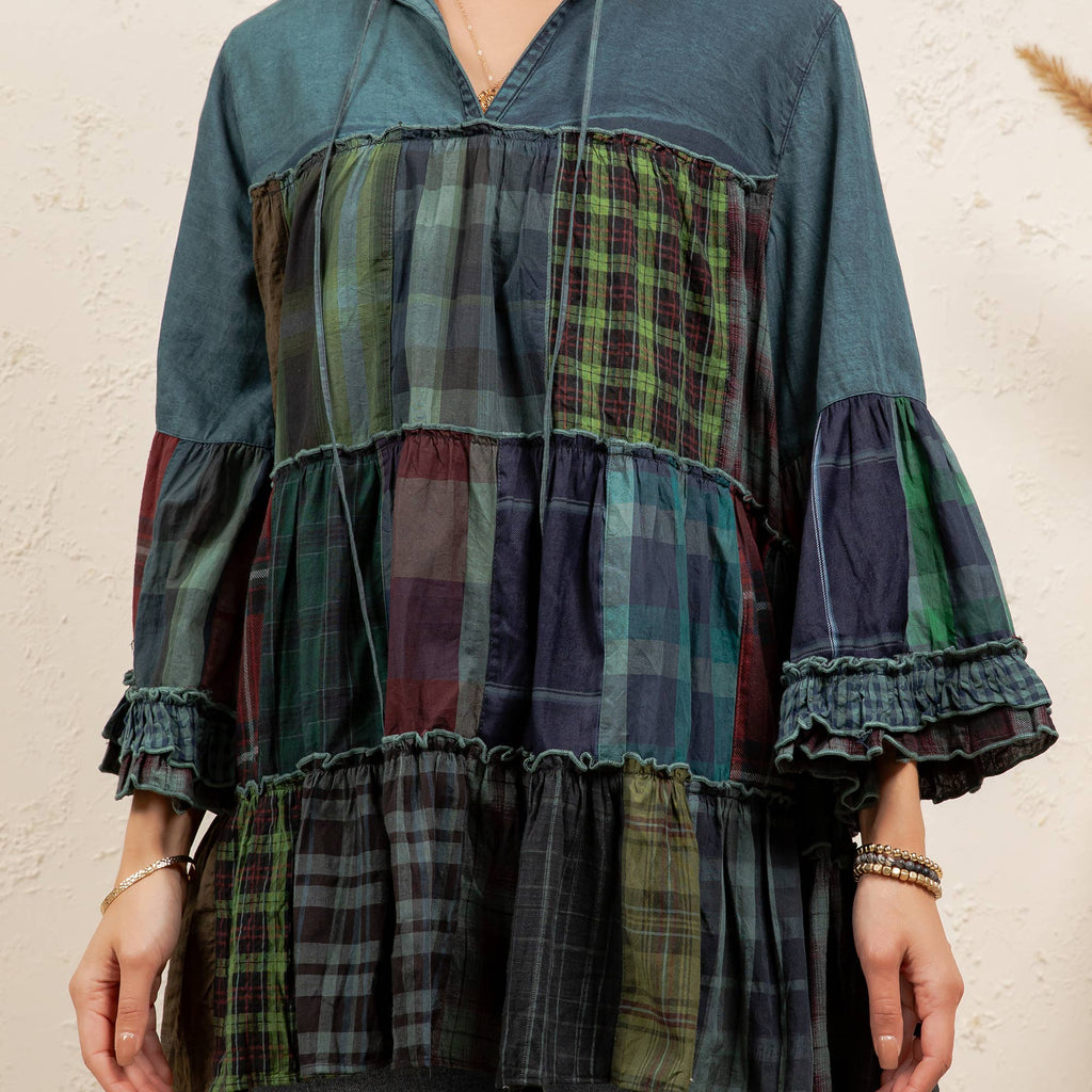 Boho Tiered Plaid Denim Patchwork Tunic -Bell Sleeve Top NEW