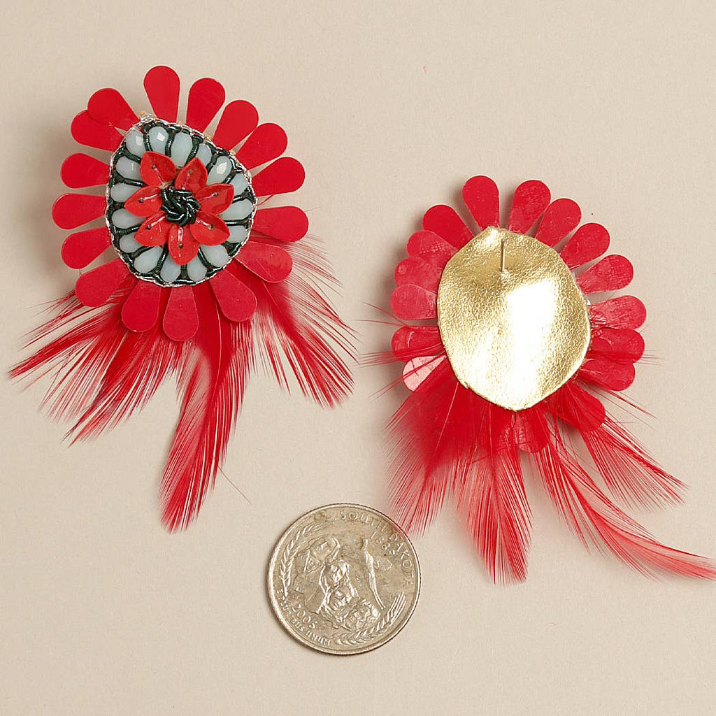 Boho Tribal Earrings with Feather Drop