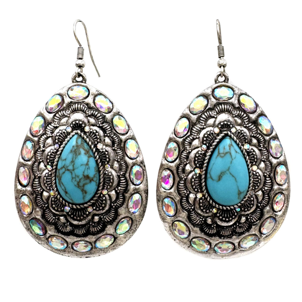 Large Teardrop Turquoise Crystal Western Earrings
